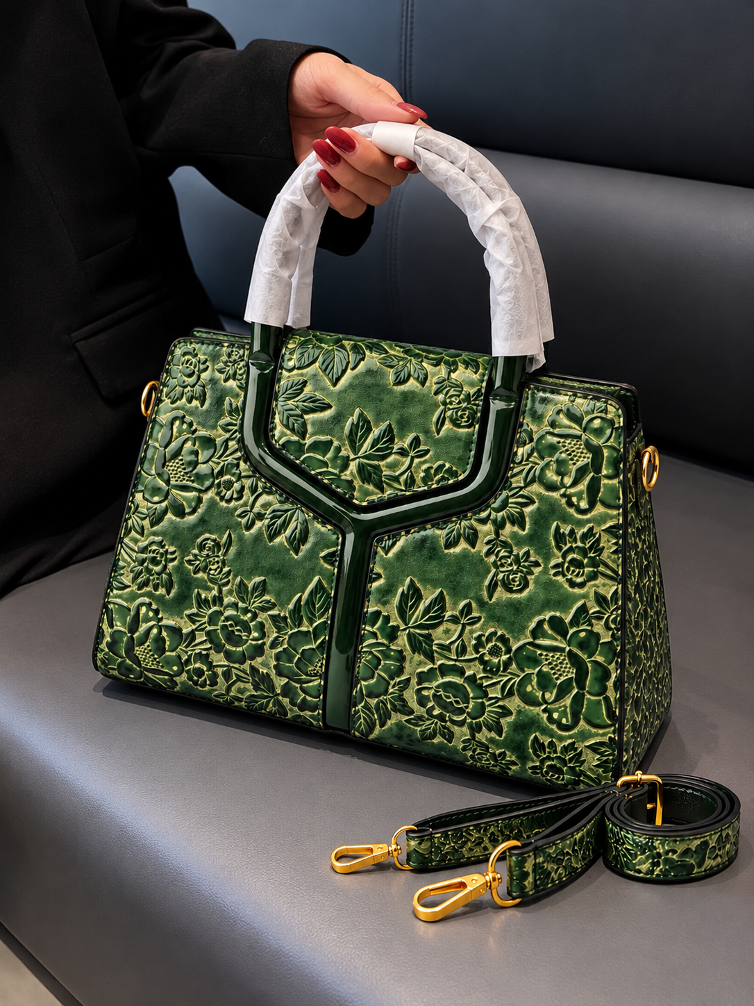 Luxury Emerald Green Floral Embossed Satchel