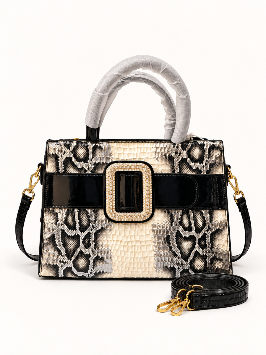 Luxury Black & Ivory Snakeskin Buckle Satchel