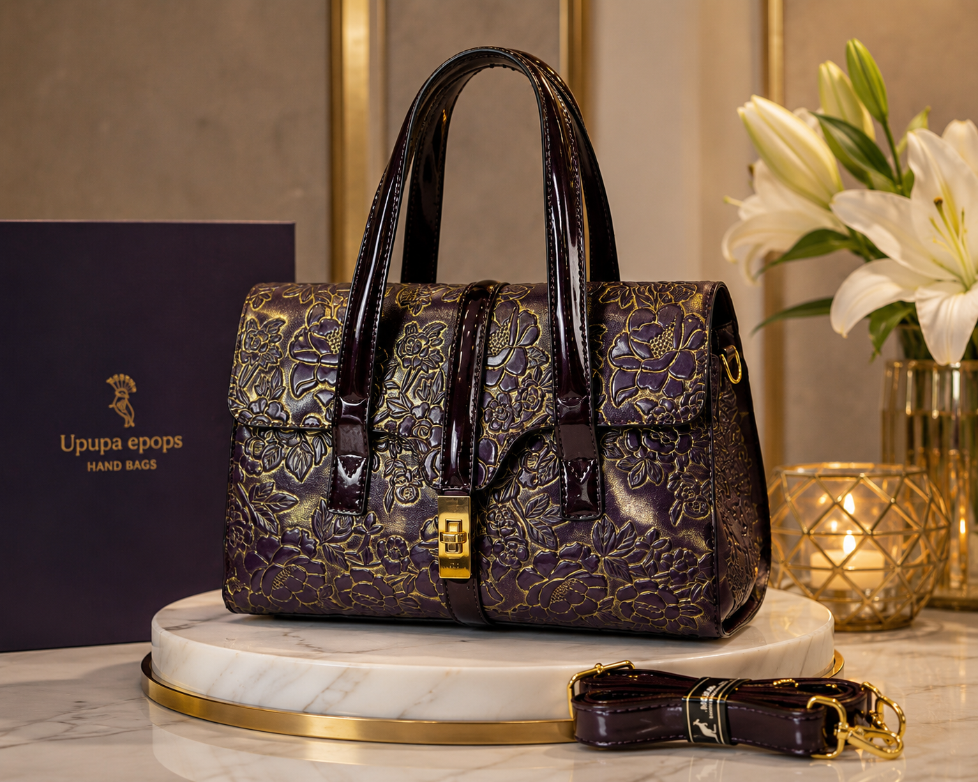 Florentine Embossed Satchel – Midnight Plum & Antique Gold