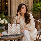 Chic White Floral Monogram Tote – Women’s Structured Shoulder Handbag with Tan Leather Handles