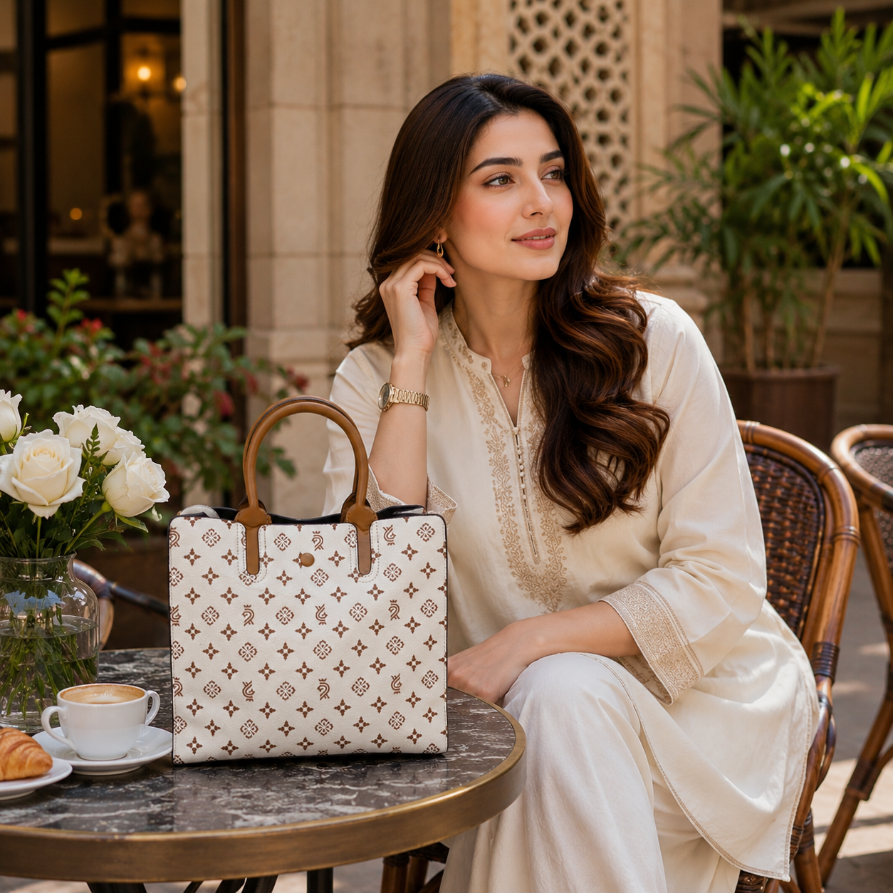 Chic White Floral Monogram Tote – Women’s Structured Shoulder Handbag with Tan Leather Handles