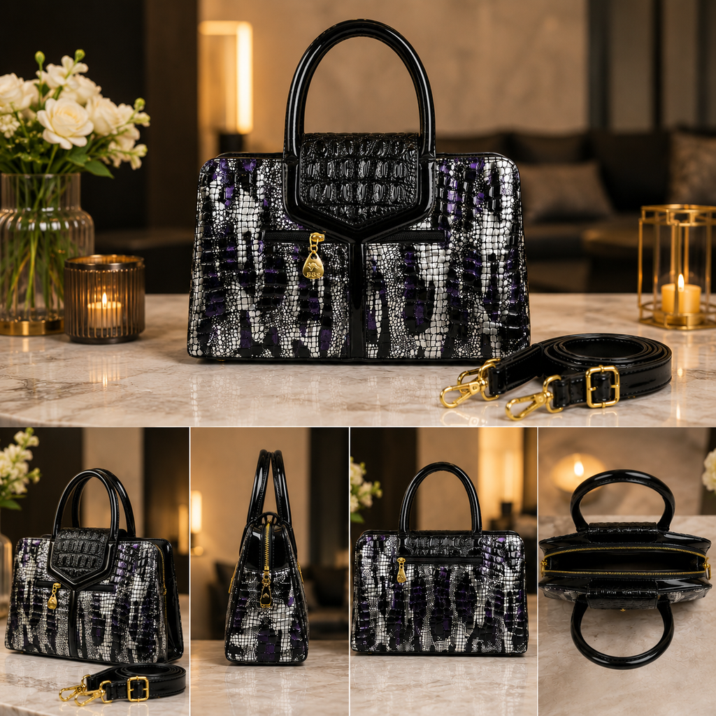 Exotic Faux-Crocodile Textured Handbag – Metallic Silver & Deep Purple Runway Satchel for Women