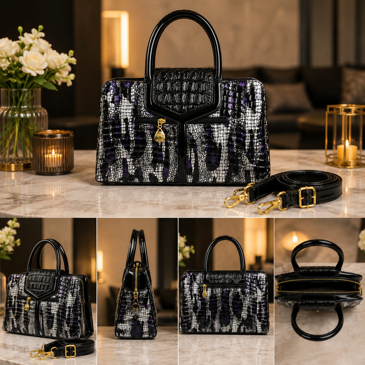 Exotic Faux-Crocodile Textured Handbag – Metallic Silver & Deep Purple Runway Satchel for Women