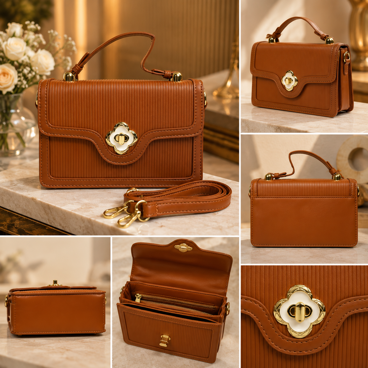 Chic Cognac Brown Pleated Flap Purse – Structured Women’s Small Satchel with Gold Hardware